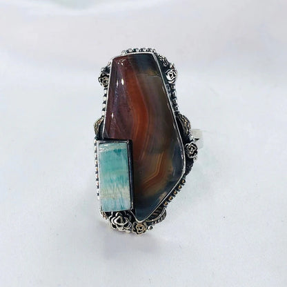 925 Sterling Silver Botswana Agate Gemstone Statement Ring Gift For Her