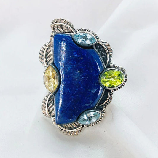 Multi Gemstone Ring 925 Sterling Silver Lapis lazuli Gemstone Designer Statement Ring Gift For Her