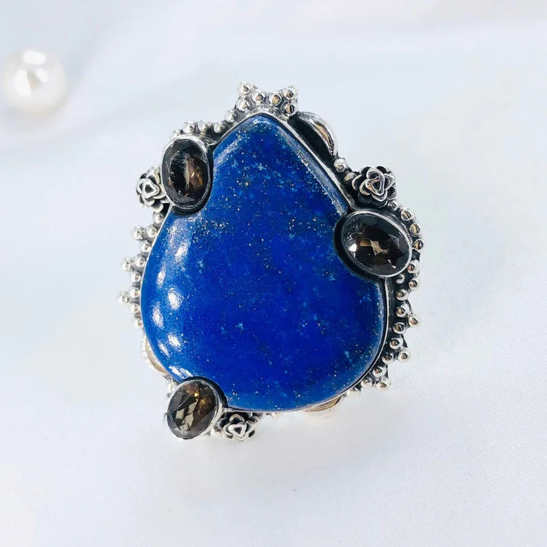 925 Sterling Silver Natural Lapis Lazuli Gemstone Statement Ring Gift For Her