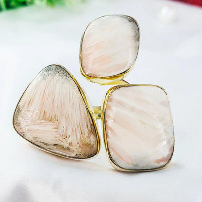 925 Sterling Silver Crystal Pink Scolecite Gemstone Adjustable Ring Gift For Her