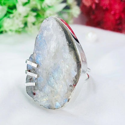 Raw Rough Rainbow Moonstone Crystal 925 Sterling Silver Boho Ring