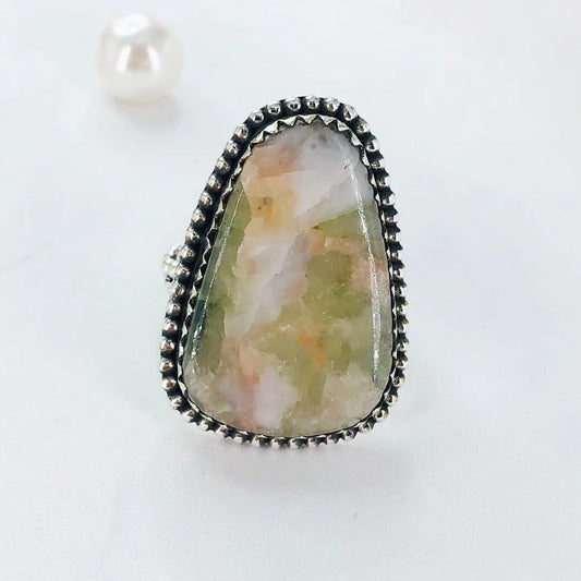 Natural Prehnite Gemstone 925 Sterling Silver Boho Ring For Women's