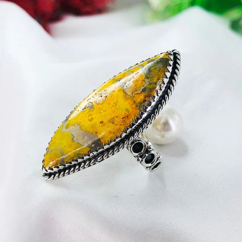 925 Sterling Silver Bumble Bee Jasper Gemstone Statement Ring Gift For Her