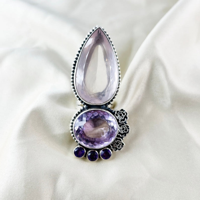 Natural Rose Quartz and Amethyst Sterling Silver&nbsp;Big Gemstone Statement Ring