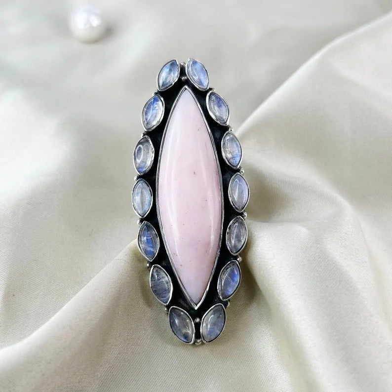 Natural Pink Opal and Moonstone Statement 925 Sterling Silver Ring Gift For Her