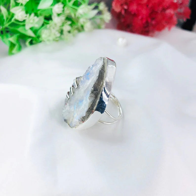 Raw Rough Rainbow Moonstone Crystal 925 Sterling Silver Boho Ring