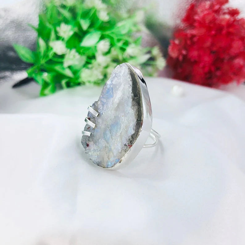 Raw Rough Rainbow Moonstone Crystal 925 Sterling Silver Boho Ring