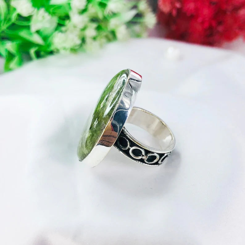 925 Sterling Silver Nature Inspired Vintage Round Vesuvianite Gemstone Statement Ring Gift For Her