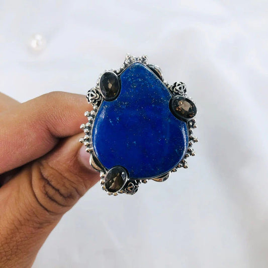 925 Sterling Silver Natural Lapis Lazuli Gemstone Statement Ring Gift For Her