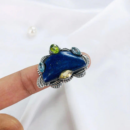 Multi Gemstone Ring 925 Sterling Silver Lapis lazuli Gemstone Designer Statement Ring Gift For Her