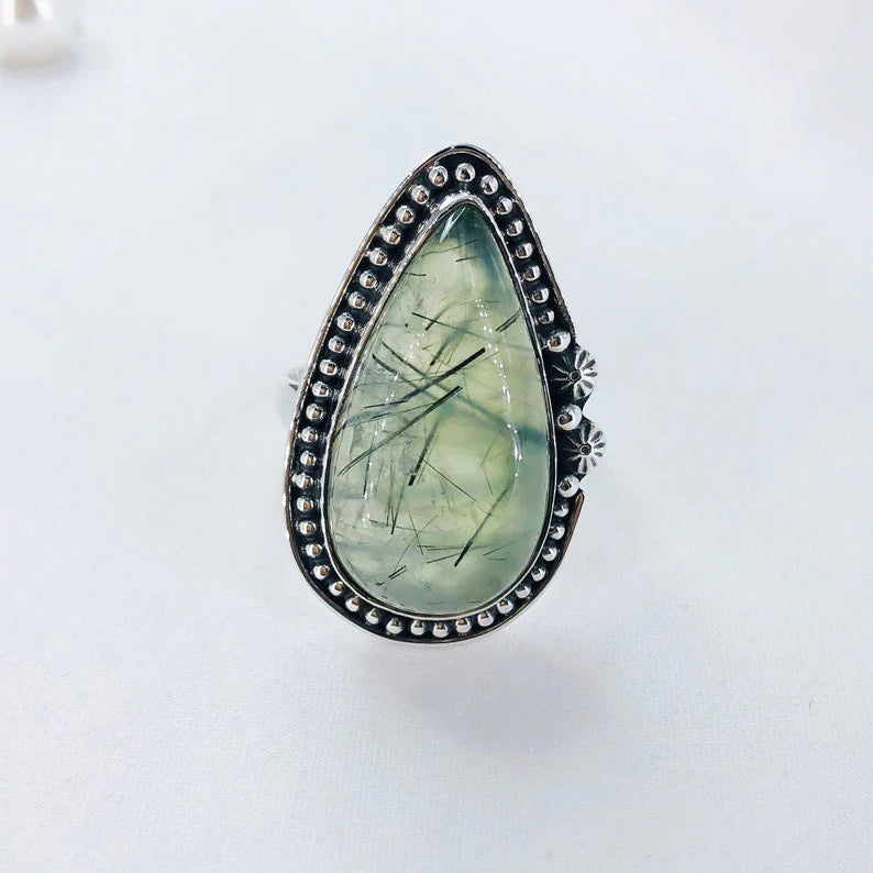 Natural Prehnite Gemstone 925 Sterling Silver Ring Women Statement Ring