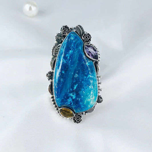 Natural Chrysocolla Amethyst Peridot 925 Sterling Silver Women Ring