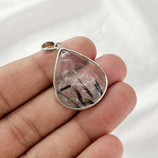 Natural Black Rutilated Quartz 925 Sterling Silver Pendant For Women