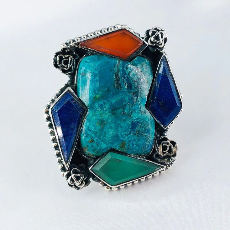 925 Sterling Silver Chrysocolla Gemstone Boho Statement Women Multi Gemstone Ring Gift For Her