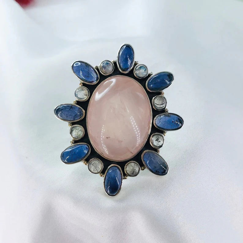 Natural Rose Quartz Gemstone 925 Sterling Silver Women Statement Ring Gift For Her