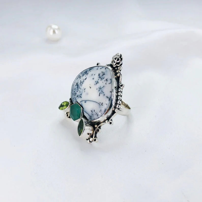 Multi Stone Ring 925 Sterling Silver Natural Dendrite Opal Gemstone Ring