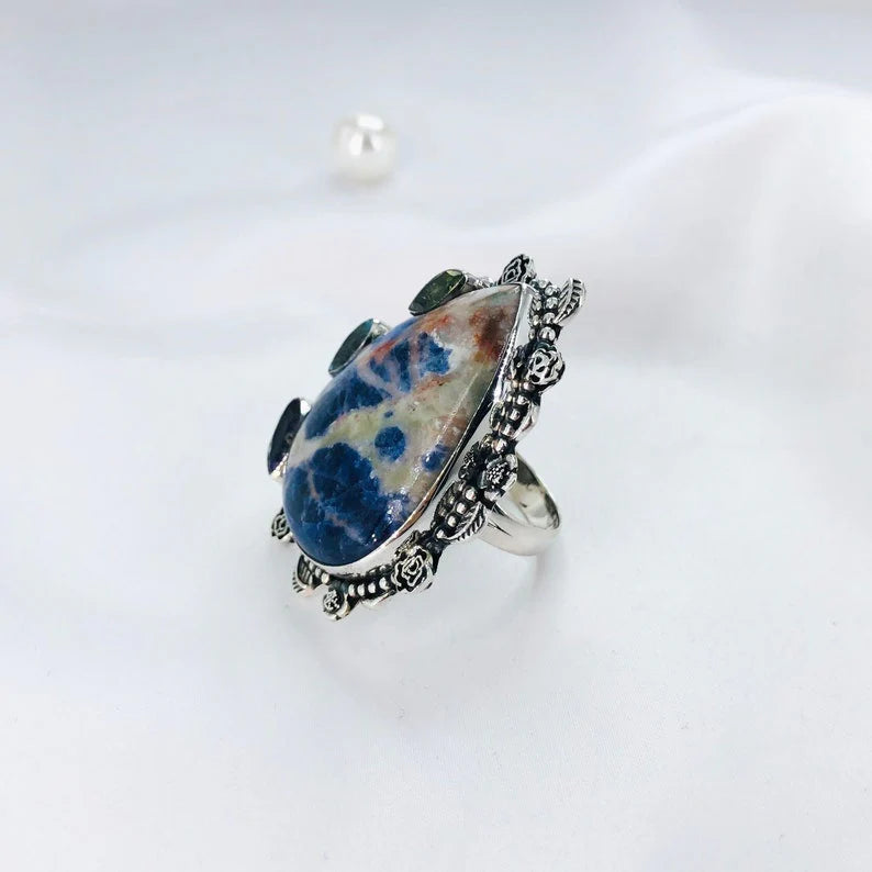 Natural Sodalite Gemstone Multi Stone Ring 925 Sterling Silver Ring Women's Ring Gift For Her