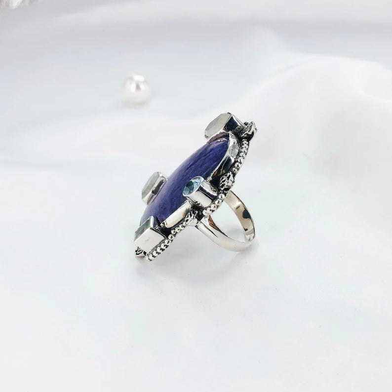 Multi Stone Ring 925 Sterling Silver Charoite Gemstone Statement Women Ring