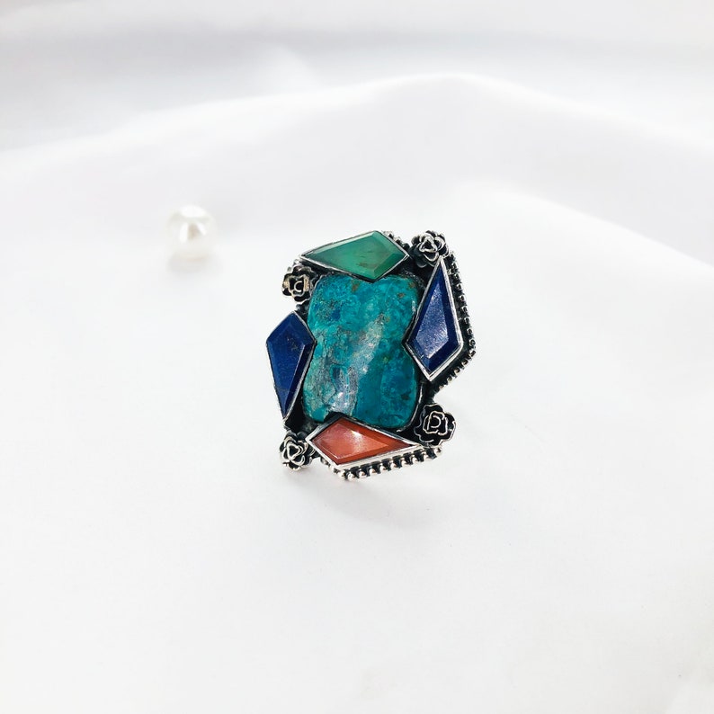 925 Sterling Silver Chrysocolla Gemstone Boho Statement Women Multi Gemstone Ring Gift For Her