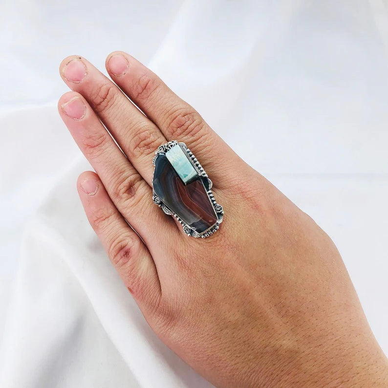 925 Sterling Silver Botswana Agate Gemstone Statement Ring Gift For Her