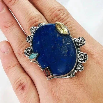 925 Sterling Silver Natural Lapis Lazuli Gemstone Ring Statement Boho Ring Gift Jewelry