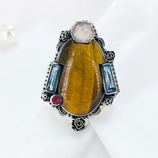 Multi Gemstone Natural Tiger's Eye Ring 925 Sterling Silver Unique Boho Ring Gift For Her