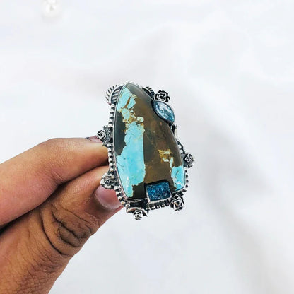 Genuine Turquoise Gemstone Ring 925 Sterling Silver Blue Topaz Ring Gift For Women