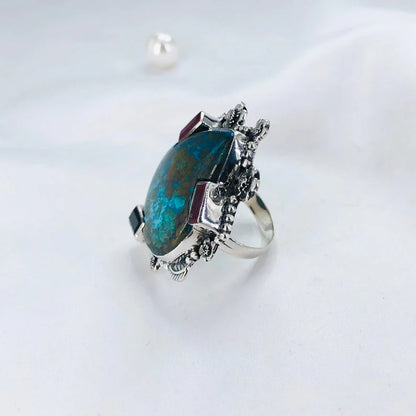 Multi Gemstone Ring 925 Sterling Silver Chrysocolla Gemstone Boho Statement Ring For Her