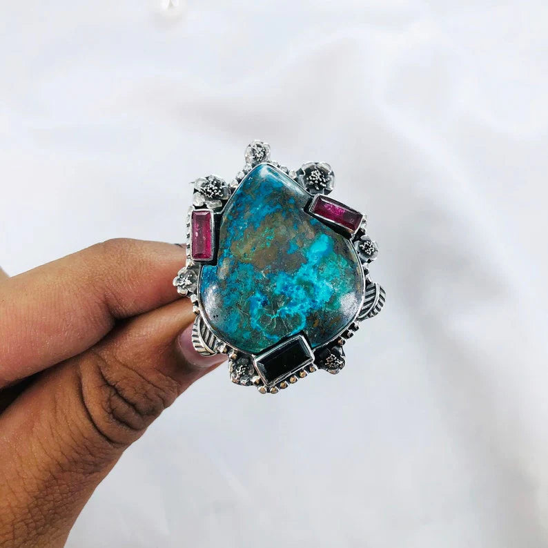 Multi Gemstone Ring 925 Sterling Silver Chrysocolla Gemstone Boho Statement Ring For Her