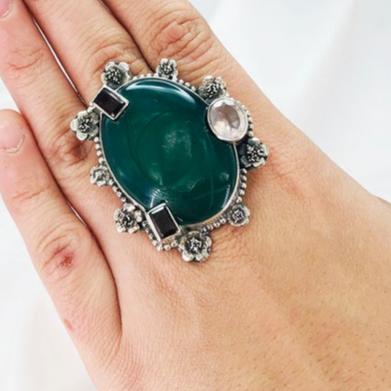 Natural Green Onyx Gemstone 925 Sterling Silver Boho Statement Ring Gift For Her