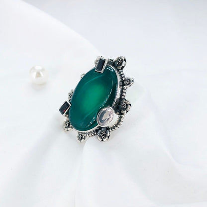 Natural Green Onyx Gemstone 925 Sterling Silver Boho Statement Ring Gift For Her