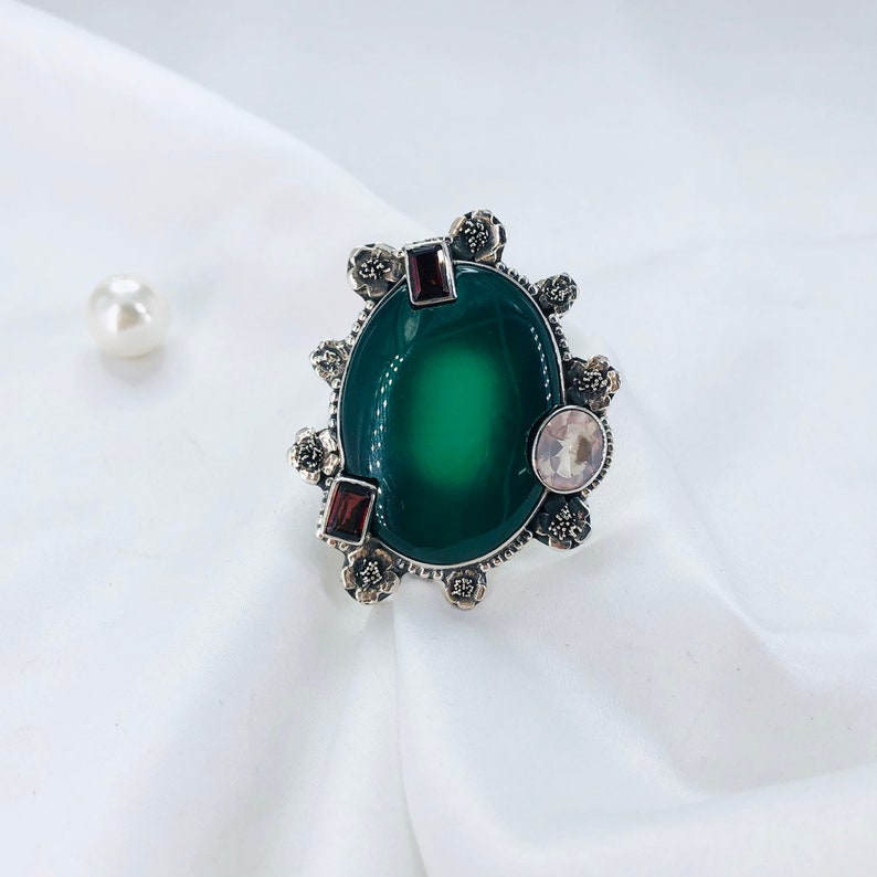 Natural Green Onyx Gemstone 925 Sterling Silver Boho Statement Ring Gift For Her