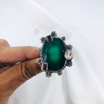 Natural Green Onyx Gemstone 925 Sterling Silver Boho Statement Ring Gift For Her