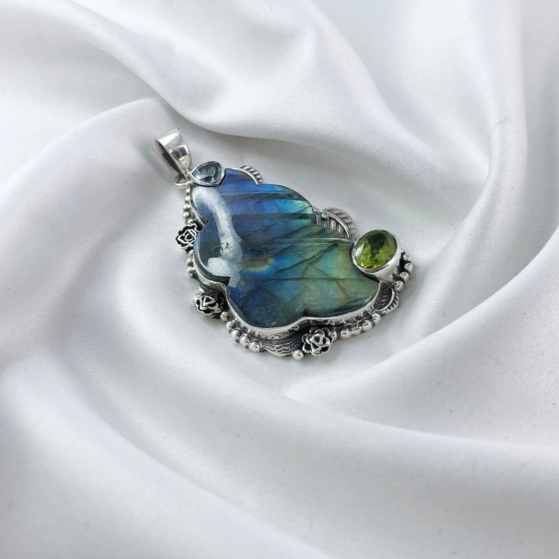 Blue Fire Labradorite Gemstone 925 Sterling Silver Pendant Multi Gemstone Pendant Gift For Her