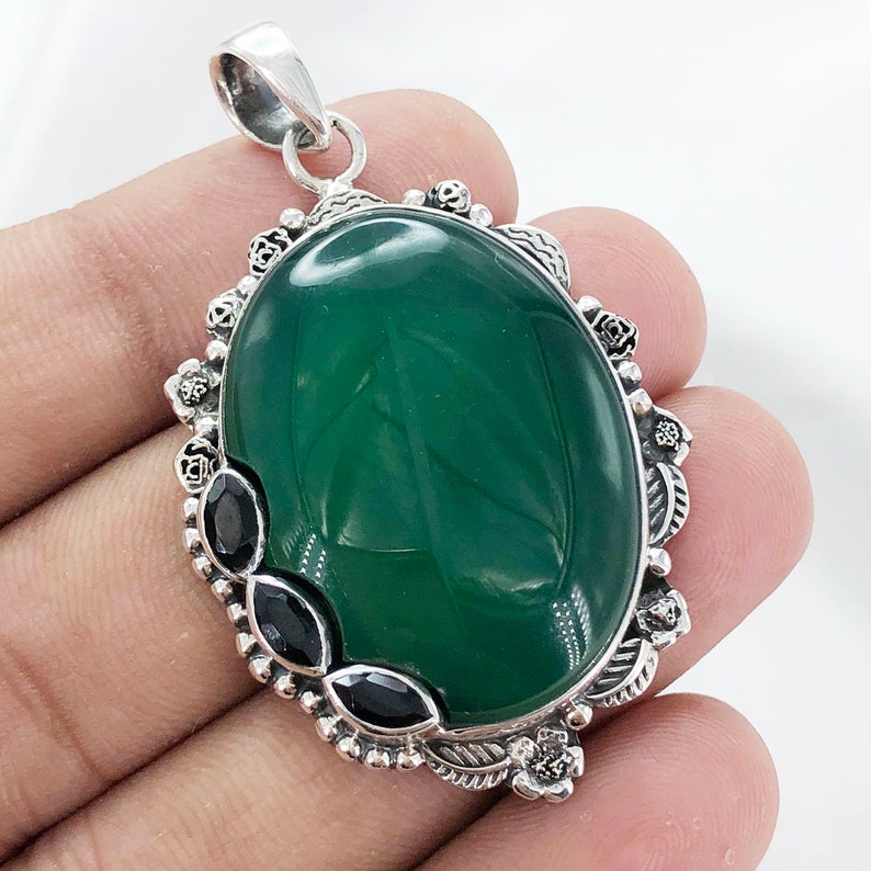 925 Sterling Silver Green Onyx Gemstone Statement Pendant