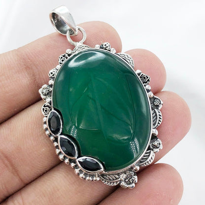 925 Sterling Silver Green Onyx Gemstone Statement Pendant