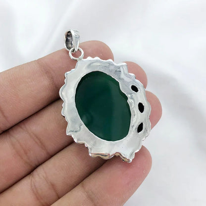 925 Sterling Silver Green Onyx Gemstone Statement Pendant