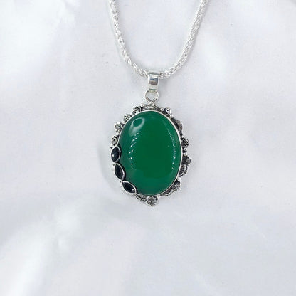 925 Sterling Silver Green Onyx Gemstone Statement Pendant