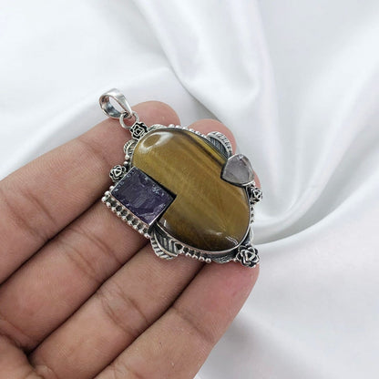 Tiger Eye Pendant 925 Sterling Silver Multi Stone Pendant Gift For Her