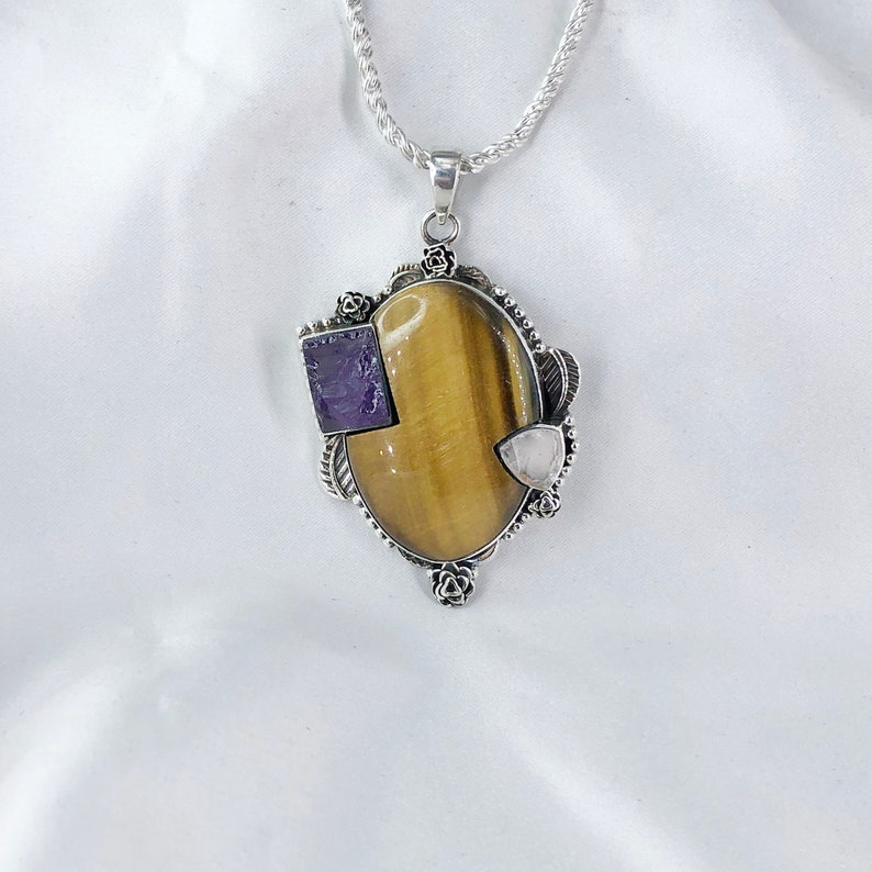 Tiger Eye Pendant 925 Sterling Silver Multi Stone Pendant Gift For Her