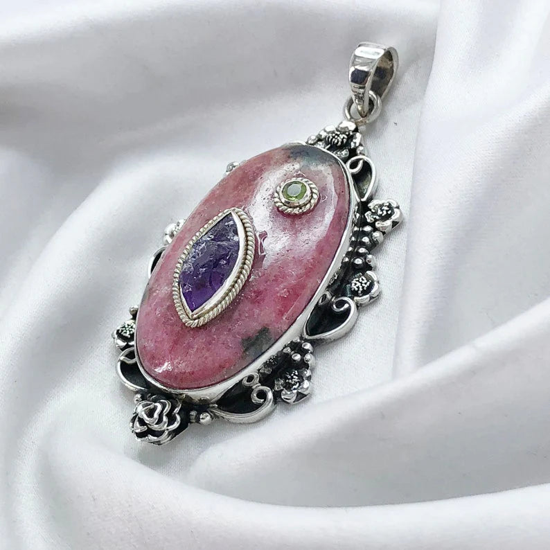 Natural Rhodonite Gemstone 925 Sterling Silver Boho Pendant Multi Gemstone Pendant Gift