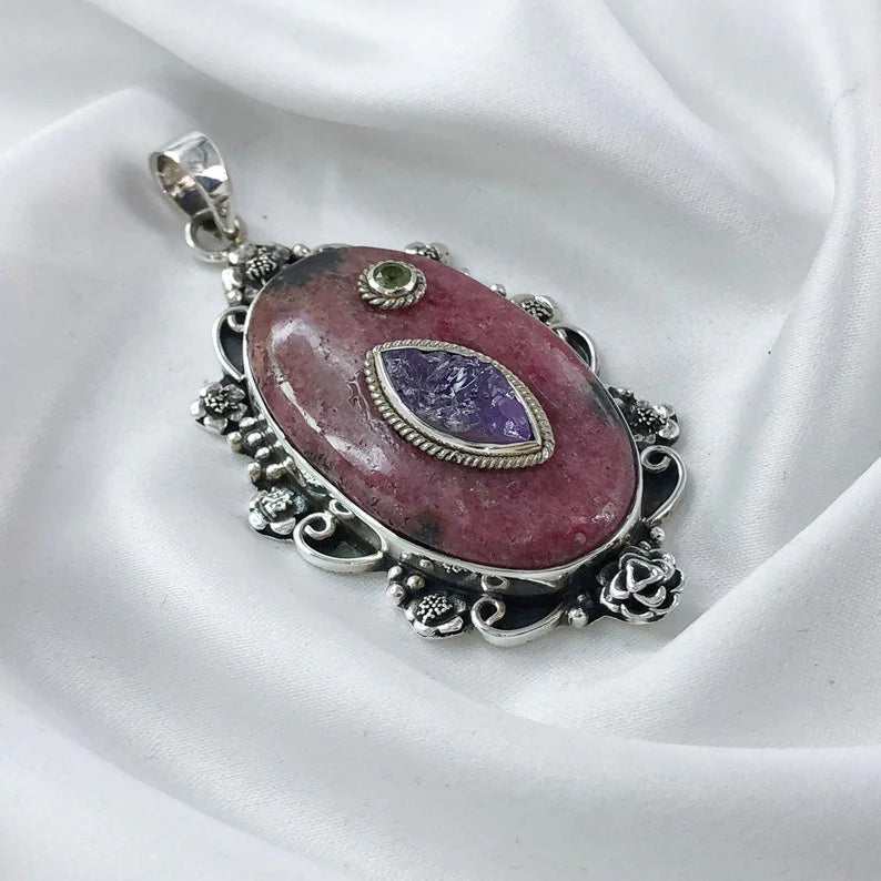 Natural Rhodonite Gemstone 925 Sterling Silver Boho Pendant Multi Gemstone Pendant Gift