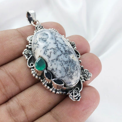 Natural Unique Dendrite Opal Pendant 925 Sterling Silver Black Onyx and Green Onyx Pendant