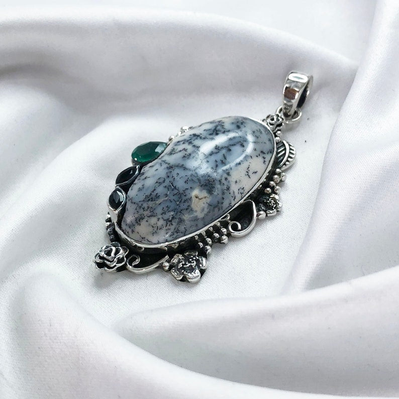 Natural Unique Dendrite Opal Pendant 925 Sterling Silver Black Onyx and Green Onyx Pendant