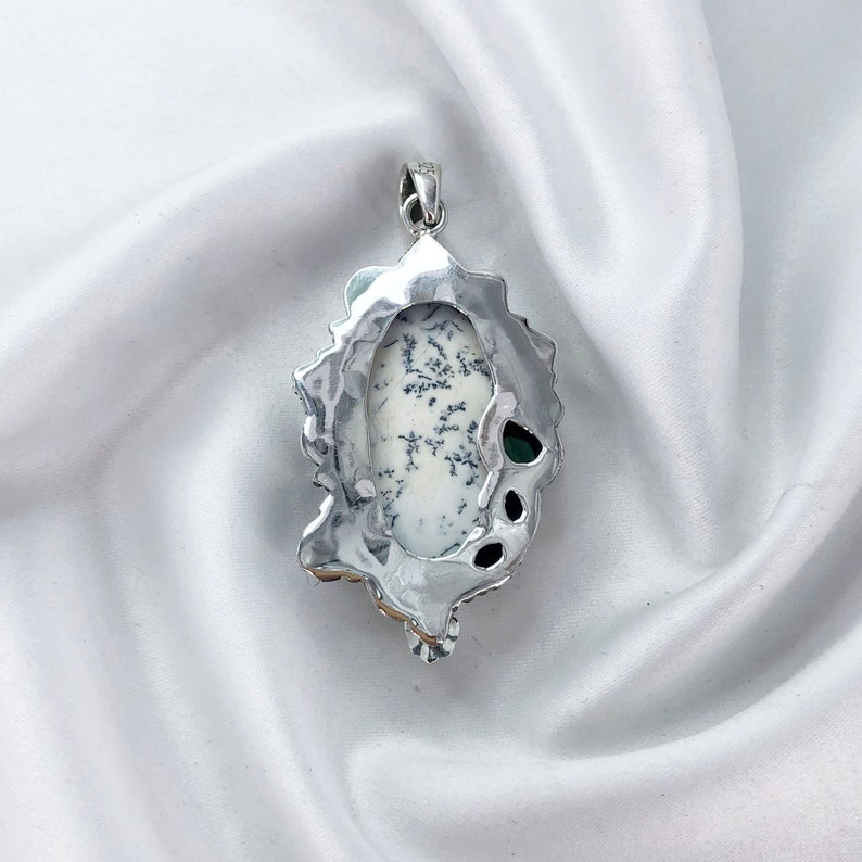 Natural Unique Dendrite Opal Pendant 925 Sterling Silver Black Onyx and Green Onyx Pendant