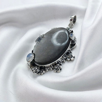 Natural Rainbow Moonstone Necklace 925 Sterling Silver Sheen Obsidian Unique Gemstone Pendant Gift For Her