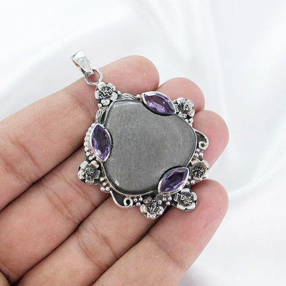 925 Sterling Silver Sheen Obsidian Gemstone Boho Pendant Amethyst Gemstone Pendant Gift For Her