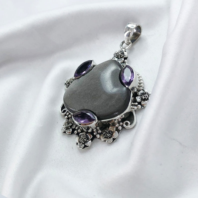 925 Sterling Silver Sheen Obsidian Gemstone Boho Pendant Amethyst Gemstone Pendant Gift For Her