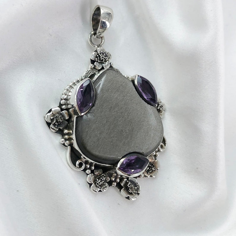 925 Sterling Silver Sheen Obsidian Gemstone Boho Pendant Amethyst Gemstone Pendant Gift For Her