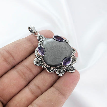 925 Sterling Silver Sheen Obsidian Gemstone Boho Pendant Amethyst Gemstone Pendant Gift For Her